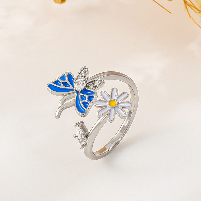 Modischer offener Ring mit Blumen- und Schmetterlings-Kupfer-Inlay und Strasssteinen, 1 Stück