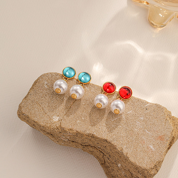 1 Pair Retro Simple Style Commute Round Plating Inlay Copper Artificial Pearls Resin 18K Gold Plated Drop Earrings