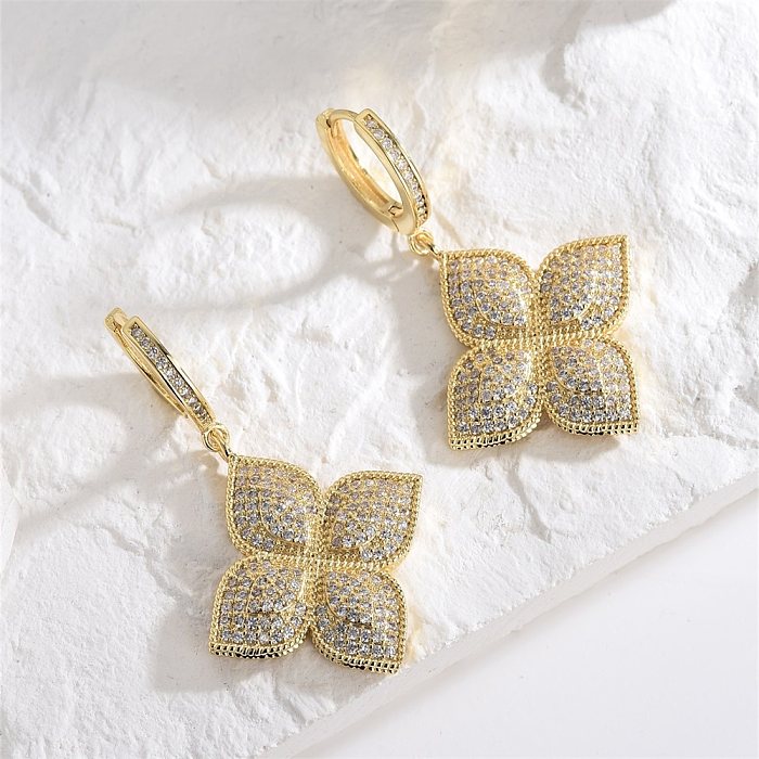 1 Pair Glam Four Leaf Clover Copper Inlay Zircon Drop Earrings