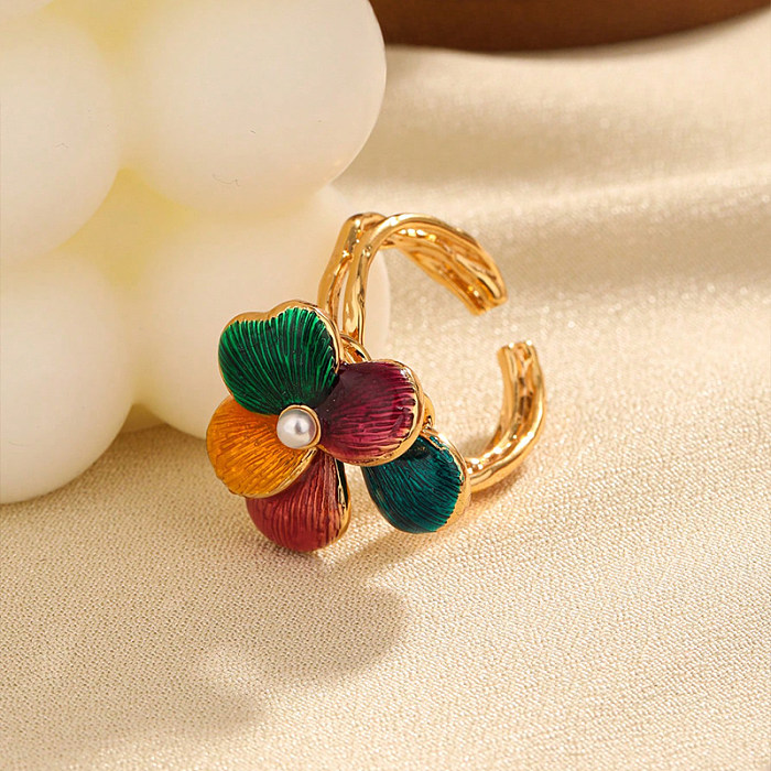Fairy Style Roman Style Flower Copper Inlay Pearl Open Rings