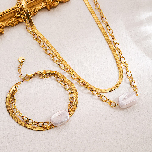 Collar de pulseras chapado en oro de 18 quilates con perlas de agua dulce en capas de acero inoxidable irregulares de estilo francés