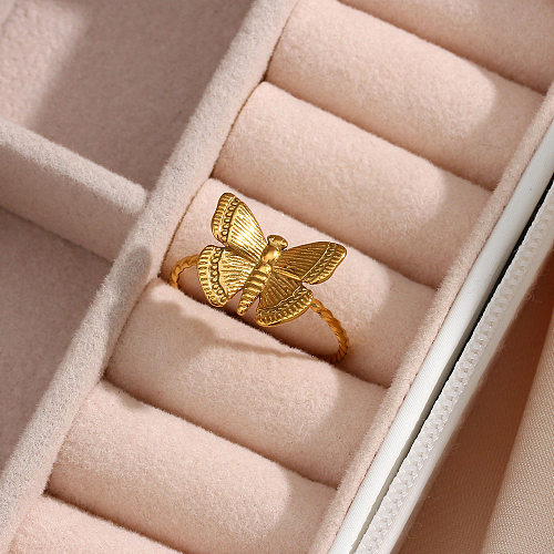 Anillo de mariposa ajustable chapado en oro de 18 quilates de acero inoxidable de moda