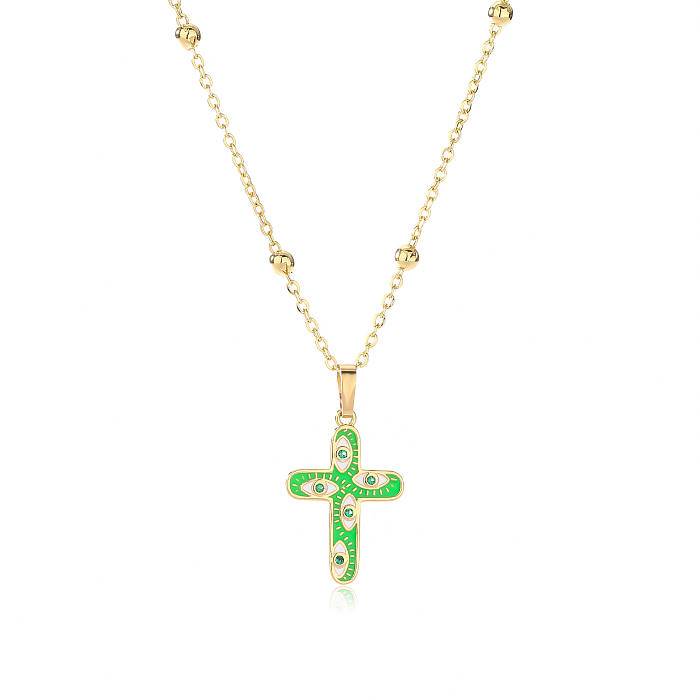 Fashion Cross Devil'S Eye Copper Enamel Plating Inlay Artificial Diamond Pendant Necklace 1 Piece