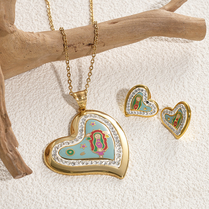 Colar de brincos banhado a ouro com zircônia e esmalte de aço inoxidável em formato de coração glam artístico