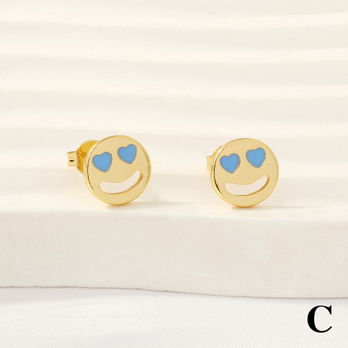 1 par de brincos de orelha banhados a ouro 18K estilo simples formato de coração sorridente rosto esmaltado