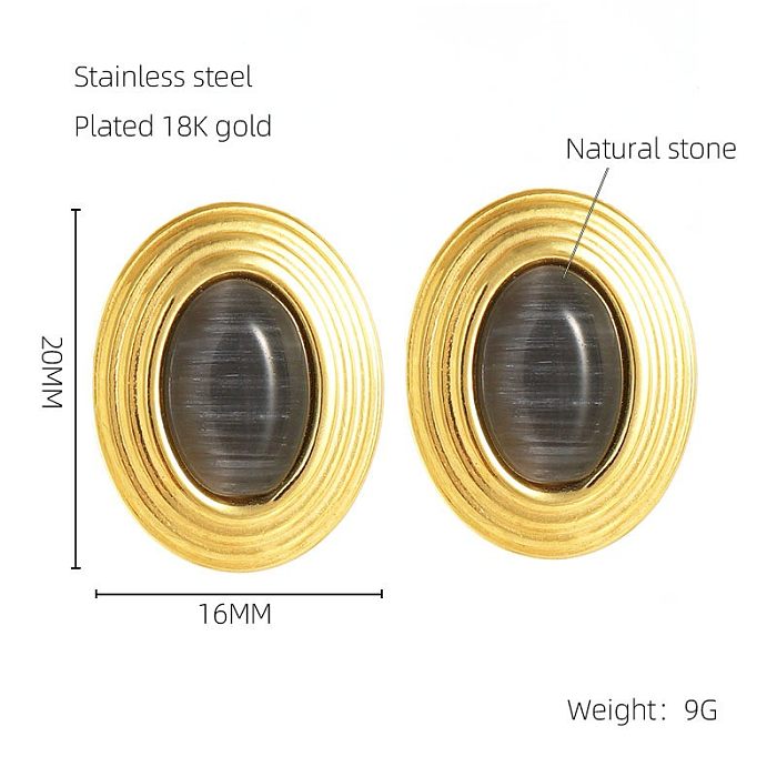 Colar de brincos banhado a ouro 18K com pedra natural elegante e oval em aço inoxidável