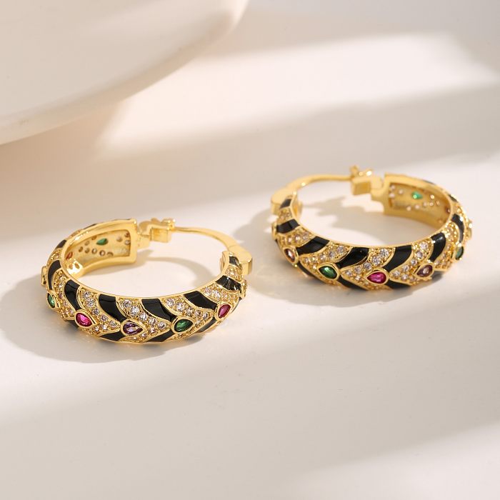 1 Piece Vintage Style Luxurious French Style Letter Water Droplets Epoxy Plating Inlay Copper Zircon 18K Gold Plated Hoop Earrings