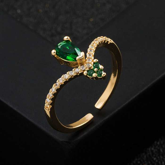 Copper Plated Real Gold Micro Inlaid Green Zircon Heart-Shaped Women's Ring