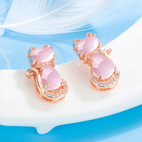 Korean Pink Crystal Cat Earrings Female Diamond Cute Cat Copper Wholesale