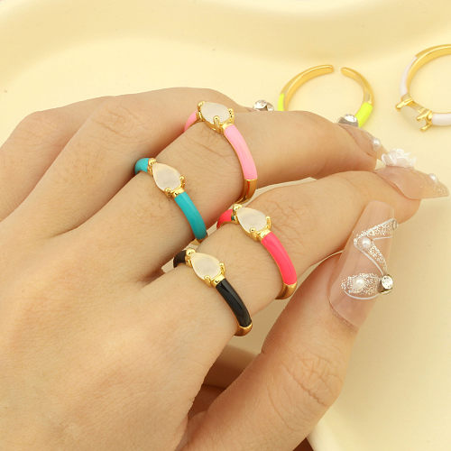 Simple Style Commute Water Droplets Copper Enamel Plating Inlay Crystal 18K Gold Plated Open Rings
