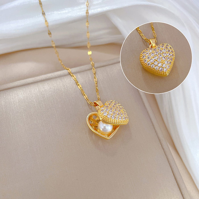 Sweet Heart Shape Titanium Steel Copper Inlay Artificial Pearls Zircon Pendant Necklace