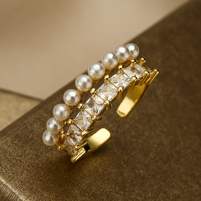 Anneau ouvert en Zircon plaqué or 18 carats, Style Simple, étoile géométrique, incrustation de perles artificielles