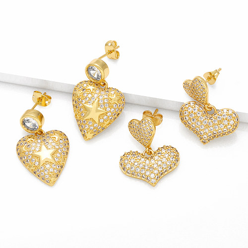 1 par de pendientes colgantes chapados en oro de 18K con incrustaciones de circonita de cobre y forma de corazón de estilo sencillo
