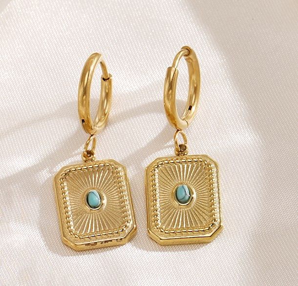 Schlichter Stil, rechteckige Halskette mit Ohrringen aus Edelstahl mit Inlay aus türkisfarbenem 18-karätigem Gold