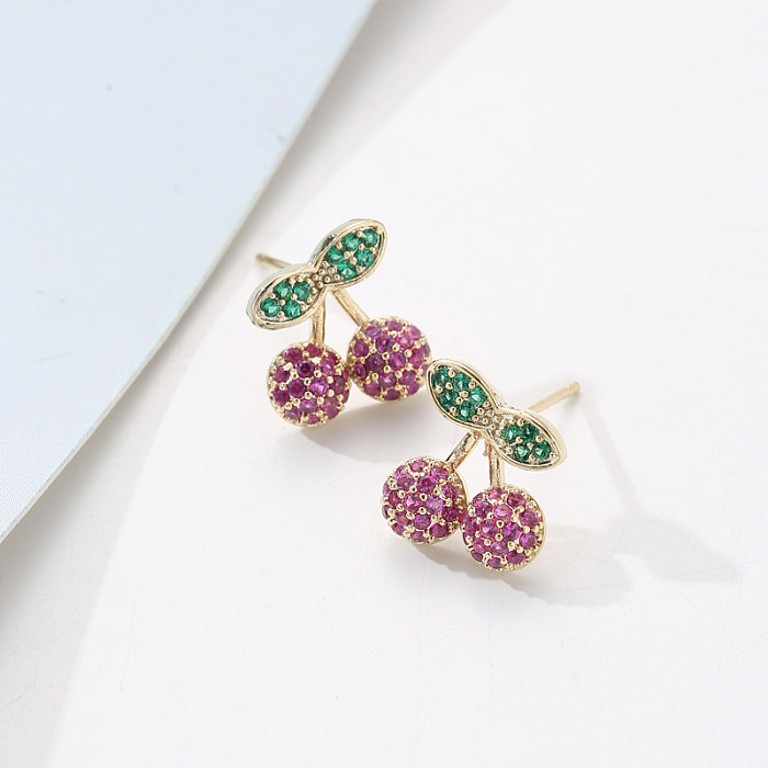 1 Pair Sweet Cherry Inlay Copper Zircon Earrings