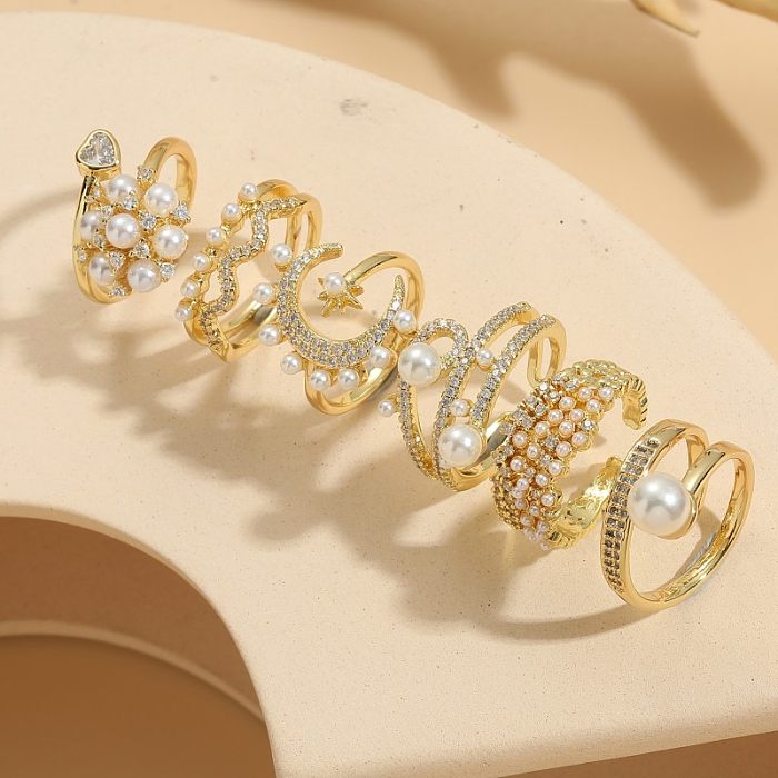 Classic Style Solid Color Copper Plating Inlay Pearl Zircon 14K Gold Plated Rings