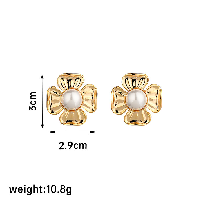 1 Pair Vintage Style Four Leaf Clover Flower Plating Inlay Copper Pearl 18K Gold Plated Ear Studs