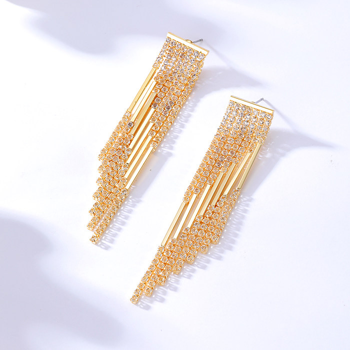 Korean Creative Copper Electroplating 18K Gold Rhinestones Chain Tassel Long Earrings