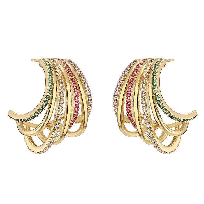 1 Pair Streetwear C Shape Layered Hollow Out Inlay Copper Zircon 18K Gold Plated Ear Studs