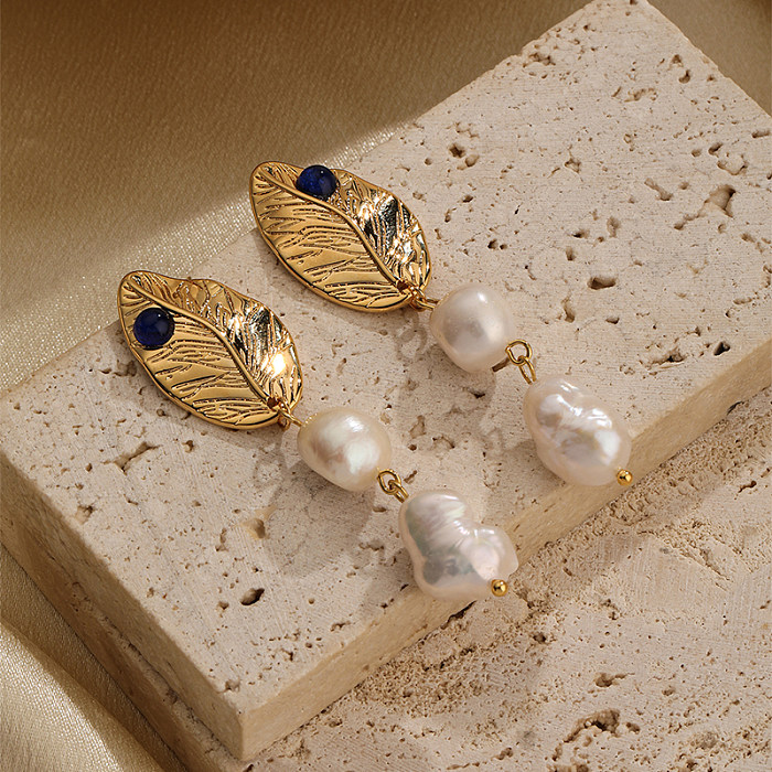 Boucles d'oreilles pendantes classiques rétro, 1 paire, incrustation de feuilles, résine de cuivre, perle d'eau douce, plaqué or 18 carats