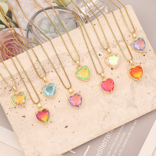 Fashion Heart Shape Stainless Steel Copper Inlay Glass Pendant Necklace