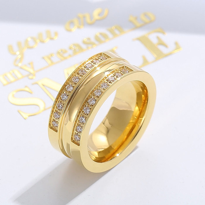 أزياء الإناث الذهب صف مزدوج كامل خاتم الماس التيتانيوم الصلب زوجين الدائري