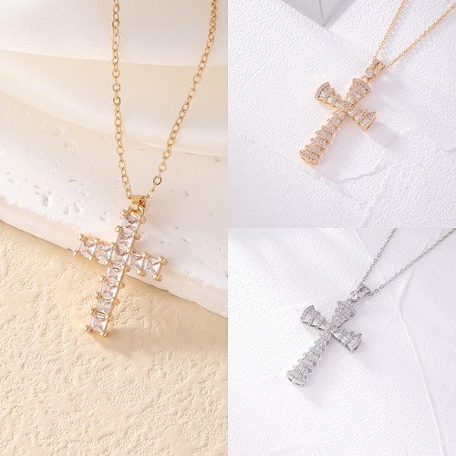 Retro Simple Style Cross Copper Gold Plated Zircon Necklace Pendant In Bulk