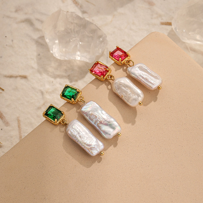 Boucles d'oreilles pendantes de Style Baroque rétro, 1 paire, incrustation de placage carré, perles baroques, cuivre, cristal artificiel, plaqué or 14K