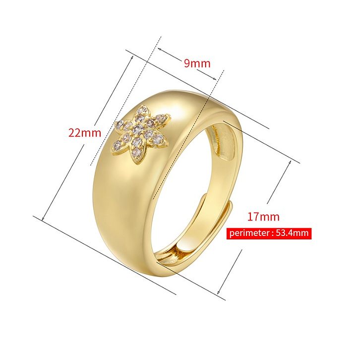 Lässiger, schlichter offener Ring mit Schneeflocken-Messingbeschichtung und Zirkoneinlage, 18 Karat vergoldet