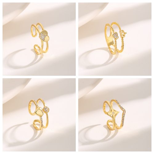 Luxurious Sweet Heart Shape Crown Rhombus Copper Plating Inlay Zircon 18K Gold Plated Open Rings Rings