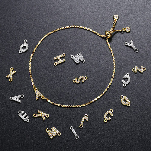 1 pièce de bracelets en zircon incrustés de cuivre avec lettres à la mode