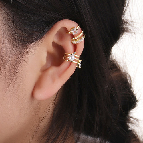Fashion C Shape Copper Plating Inlay Pearl Zircon Ear Clips 1 Piece