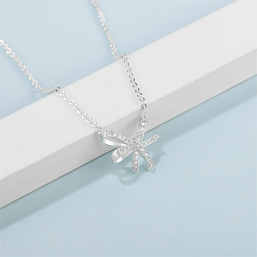 Elegant Simple Style Bow Knot Copper Silver Plated Zircon Pendant Necklace In Bulk