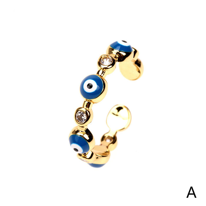 Fashion Drops Oil Blue Eyes Zircon Copper Open Ring Wholesale jewelry