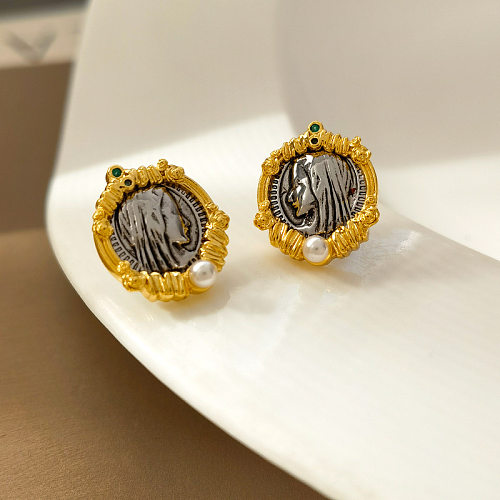 1 par de pendientes de perlas artificiales chapados en cobre geométricos de diseño Original