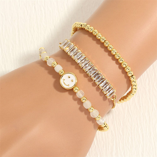 Simple Style Round Square Smiley Face Copper Beaded Handmade Enamel Zircon 18K Gold Plated Bracelets