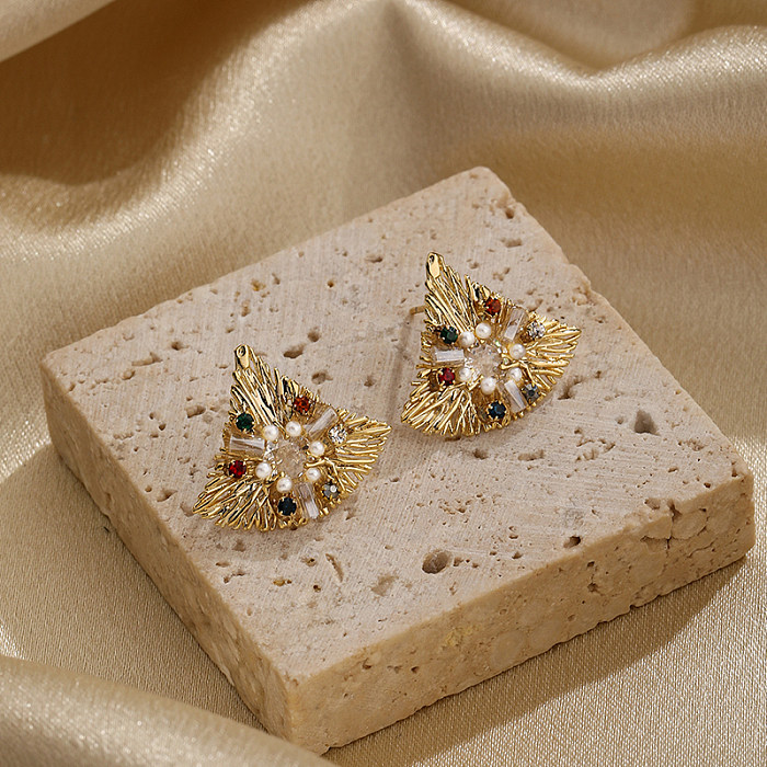 1 Pair Retro Ginkgo Leaf Plating Inlay Copper Artificial Pearls Zircon 14K Gold Plated Ear Studs