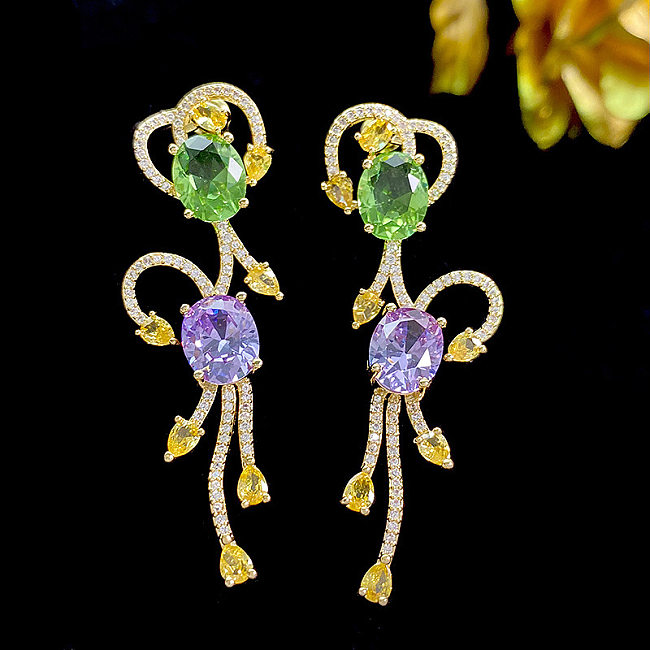 1 Pair Shiny Oval Water Droplets Inlay Copper Zircon Drop Earrings