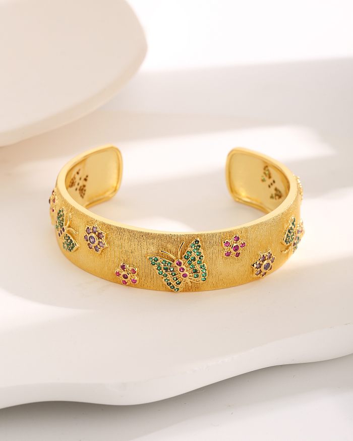 French Style Modern Style Flower Butterfly Copper Plating Inlay Zircon 18K Gold Plated Bangle