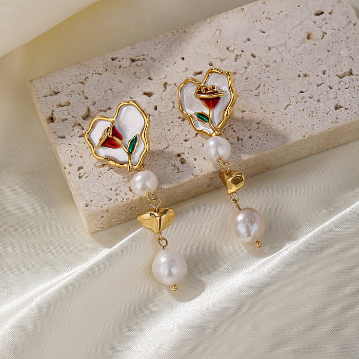 Collier de boucles d'oreilles en forme de cœur, Style français rétro, Rose, perle d'eau douce, placage en cuivre, plaqué or 18 carats