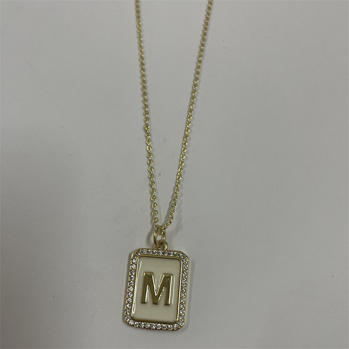 Simple Style Letter Rectangle Brass Plating Inlay Zircon 14K Gold Plated Pendant Necklace
