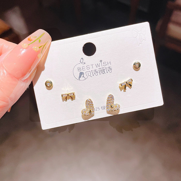 Sweet Round Butterfly Snowflake Copper Plating Inlay Zircon Ear Studs 1 Set