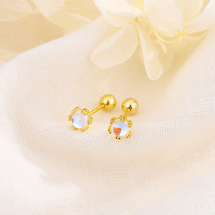 Simple Style Round Copper Inlay Moonstone Ear Studs 1 Pair