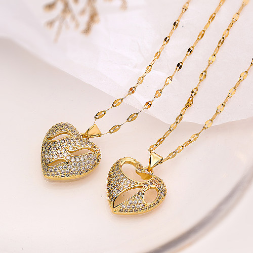 Simple Style Heart Shape Copper 18K Gold Plated Zircon Pendant Necklace In Bulk