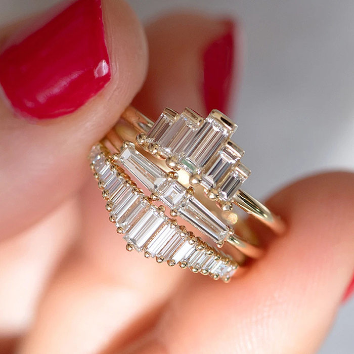 3 Piece Set Fashion Rectangle Copper Inlay Zircon Rings