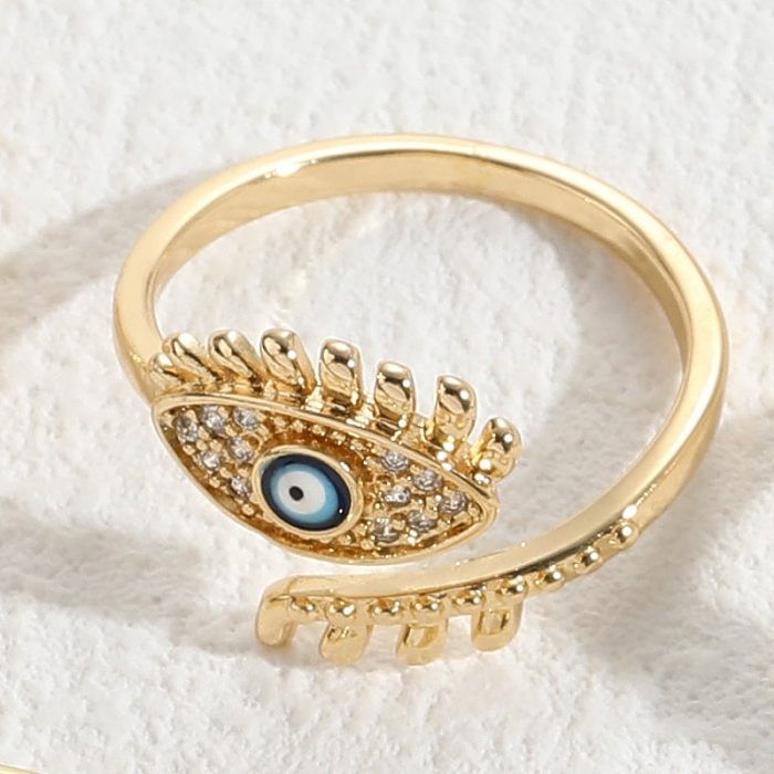 Estilo moderno olho do diabo cobre esmalte chapeamento incrustado zircão 14K anéis abertos banhados a ouro