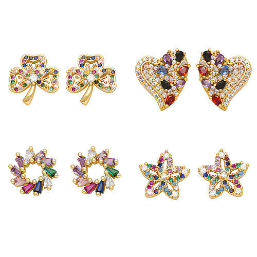 1 paire de clous d'oreilles plaqués or 18 carats, Style Simple, en forme de cœur, incrustation de fleur, cuivre et Zircon