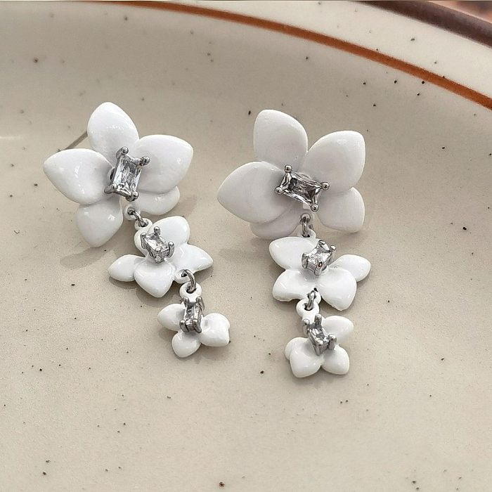 1 Pair Simple Style Flower Plating Inlay Copper Zircon Drop Earrings