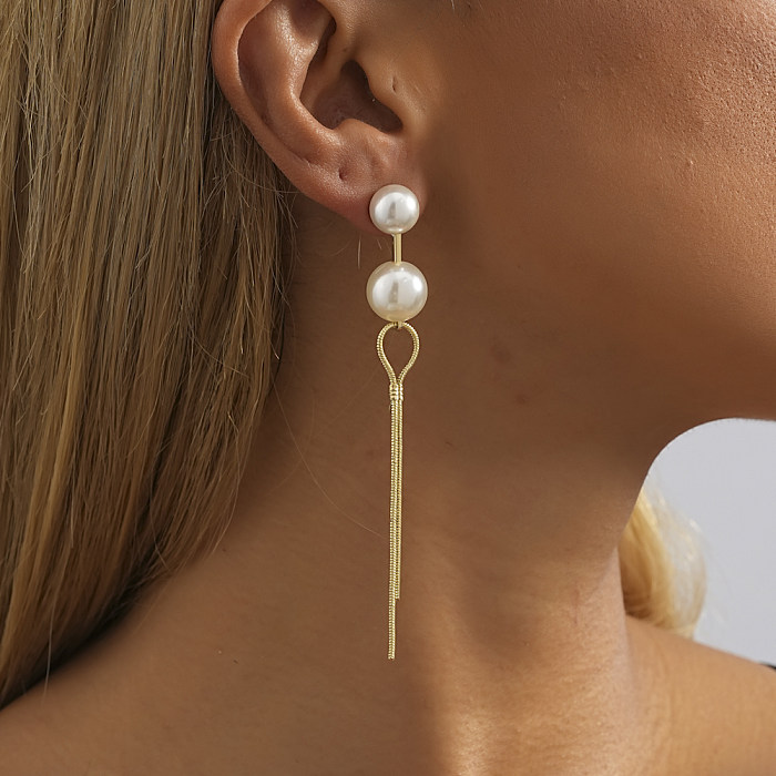 1 Pair Sweet Simple Style Round Tassel Tassel Plating Imitation Pearl Copper Drop Earrings