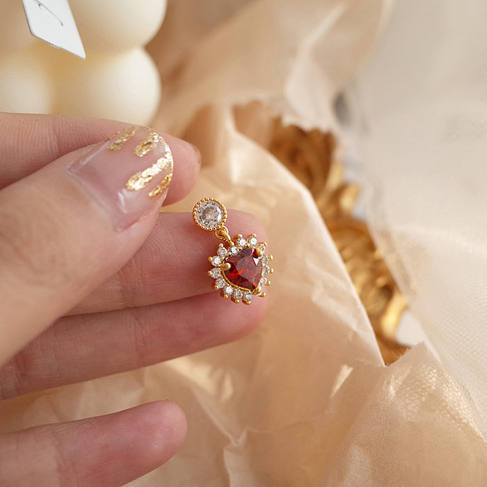 1 Pair Romantic Heart Shape Inlay Copper Artificial Gemstones Drop Earrings